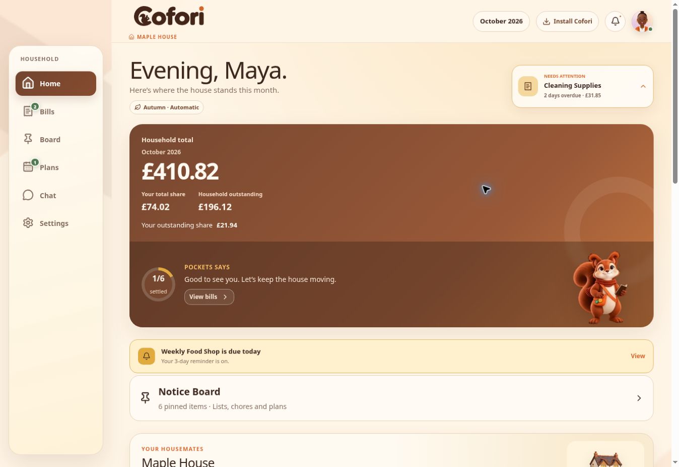 Current Maple House desktop dashboard with household bills, Pockets and the notice board